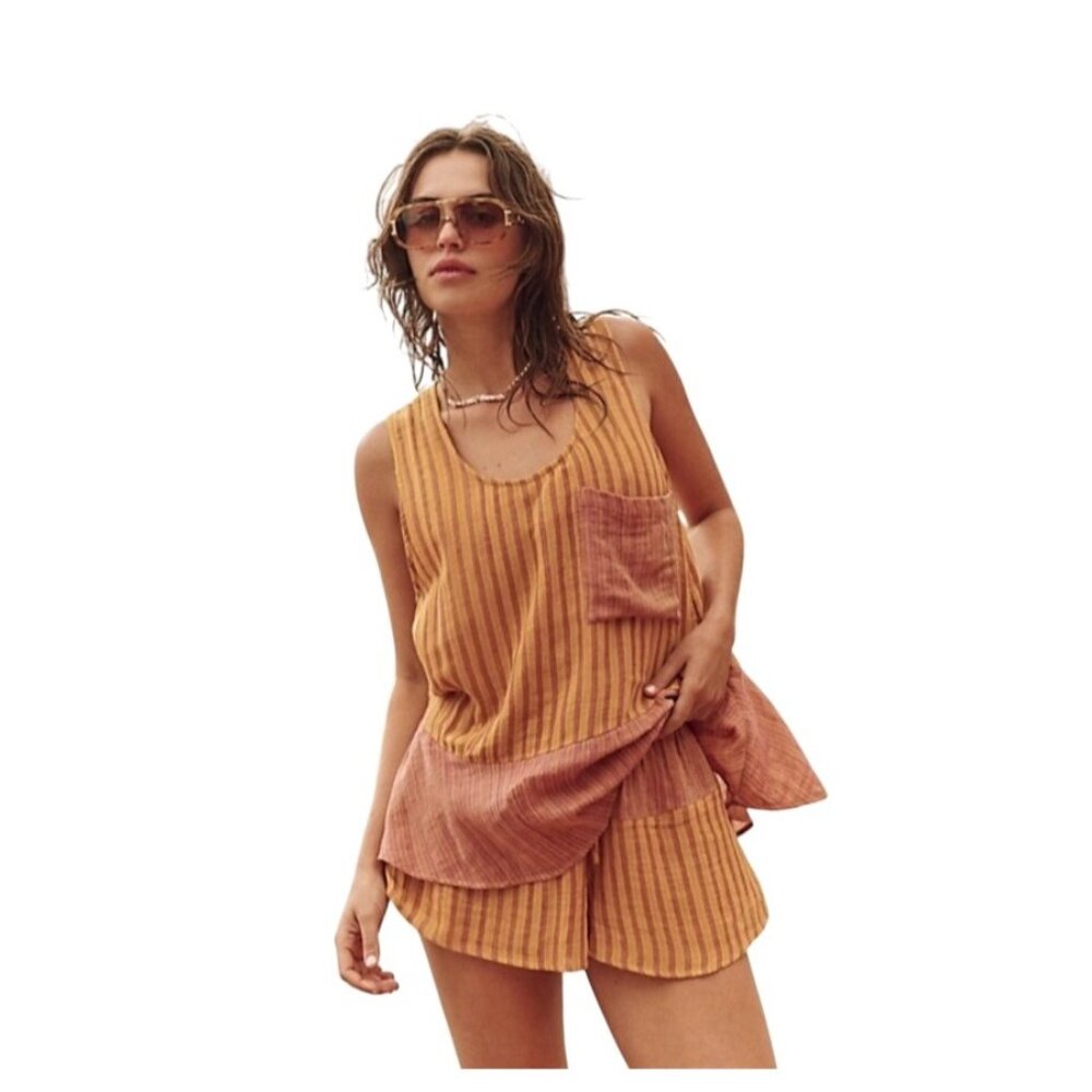 Free People Annabelle Striped Multicolor Gauzy Yarn Dye Set Shorts & Top Medium